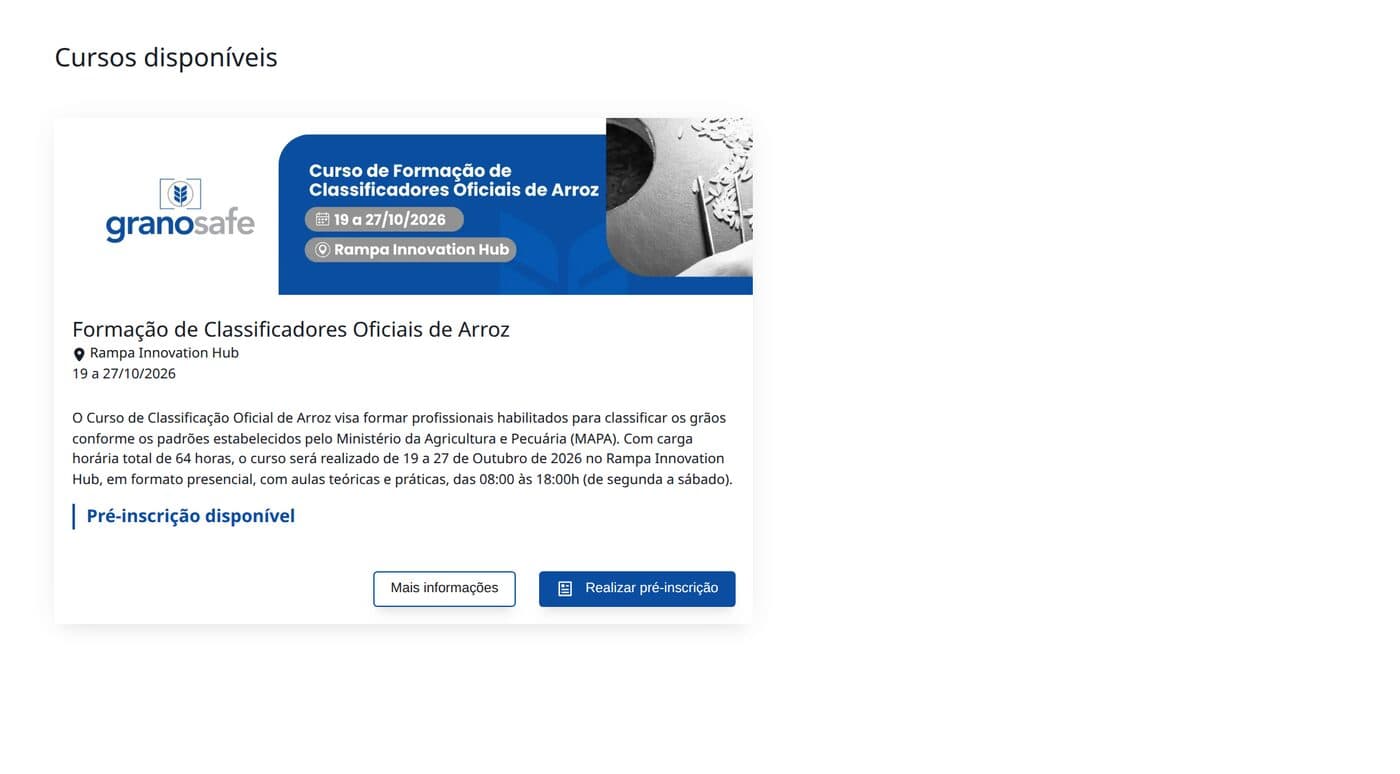 Grano Educação portal screen with the Official Rice Classifier Training course open for pre-registration